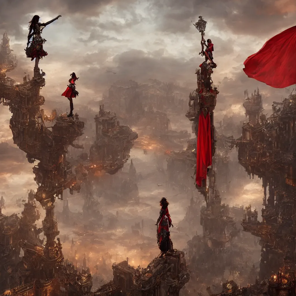 Prompt: a young woman standing on an ornate platform holding a red flag by roxie vizcarra and frank stockton and greg rutkowski, dramatic composition, epic scale, futuristic, steampunk, global illumination, masterpiece, cinematic, filmic