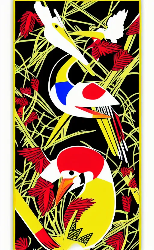 Prompt: poker card style, simple, modern look, colorful, japanese crane bird symbol in center, pines symbols, turchese and yellow and red and black, vivid contrasts, for junior, smart design, backed on kickstarter