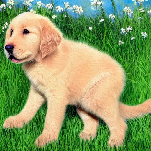 Prompt: cute fluffy golden labrador puppy sitting in grass flower spring landscape detailed painting 4 k