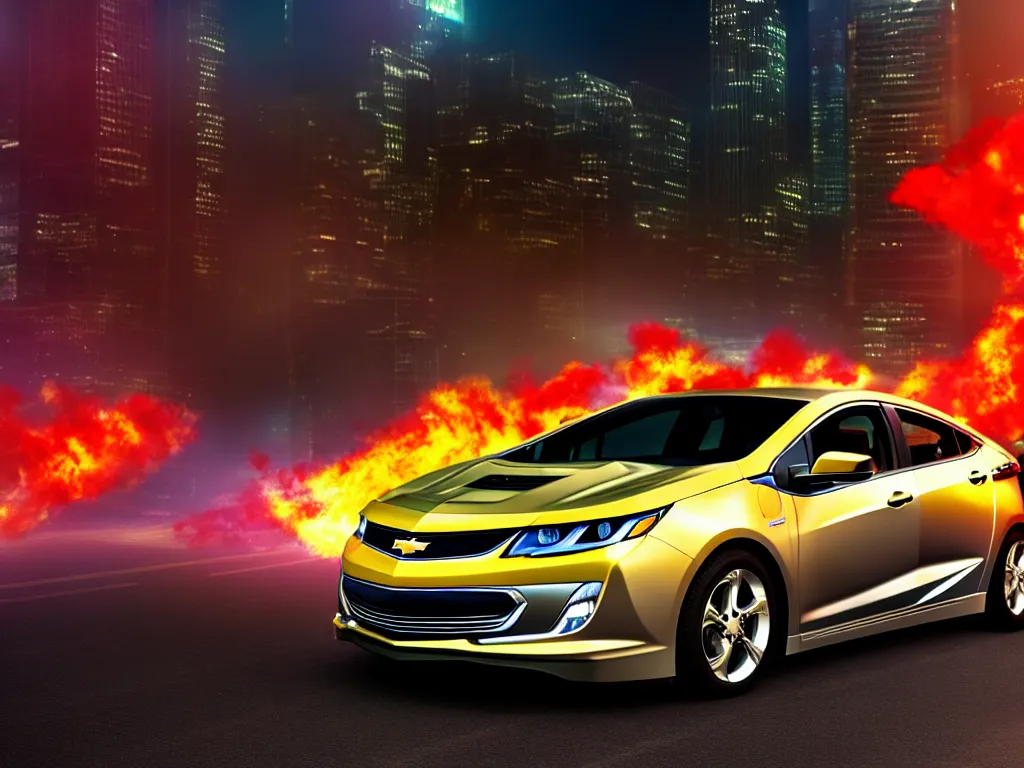 Prompt: chevy volt close up with a city street background, smoke, fi, chrome, shiny, reflective, metallic, 3 d, render, realistic, hdr, stan winston studios, dramatic lighting, flame colors bright