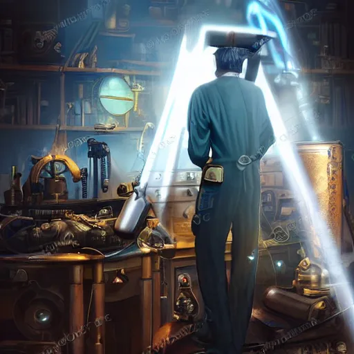 Prompt: a steampunk artificer in his workshop, light rays, scifi