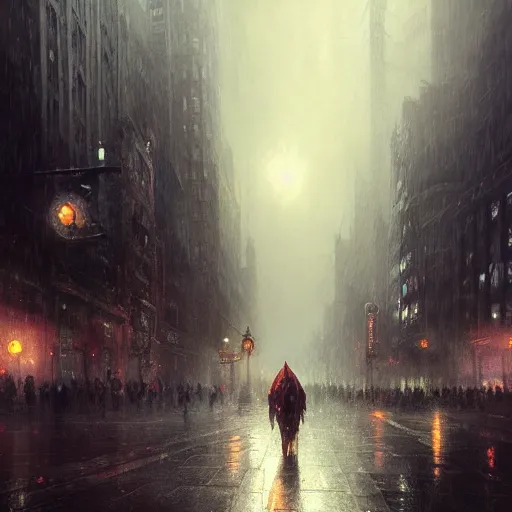 Prompt: nighttime in gotham city, wet pavement, street level looking up, light mist, fantasy, intricate, elegant, digital painting, trending on artstation, concept art, soft focus, illustration by greg rutkowski, Gaston Bussiere and artgerm, 4k.