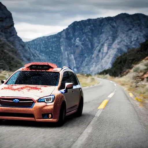 Prompt: deathclaw, monster - behind - the - wheel, subaru, wide lens, 2 4 mm