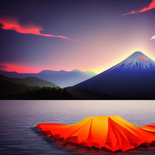 Image similar to moutain, boat on a lake, japan, sky lanterns, enya, beauty, dreamlike, artstation