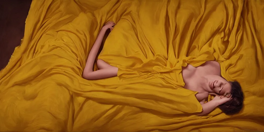 Image similar to beautiful oil matte portrait painting, top down view of a young woman lying on a red bed sheet wearing a mustard yellow dress covered in rose petals, wonderful masterpiece highly detailed, beautiful cinematic light deep focus, elegant, digital painting, smooth, sharp focus, golden ratio, dramatic illumination, ultra realistic, 8 k, art by jimmy law