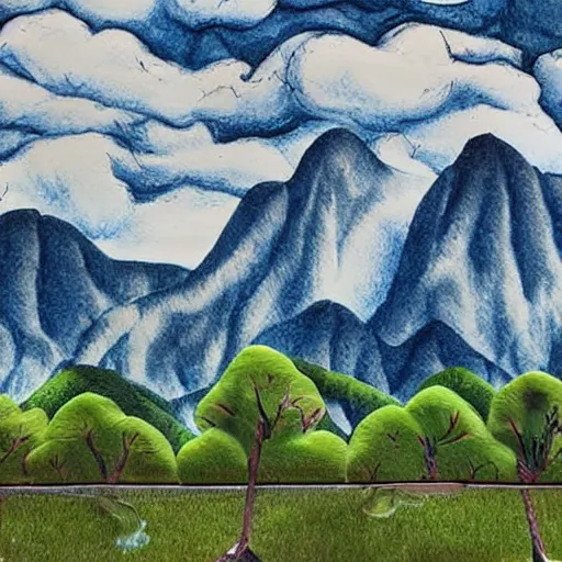 Image similar to Sculpture. a landscape of a mountainous area with a river running through it. There are trees and plants in the foreground, and the mountains are in the background. pale by Steve Ditko stormy