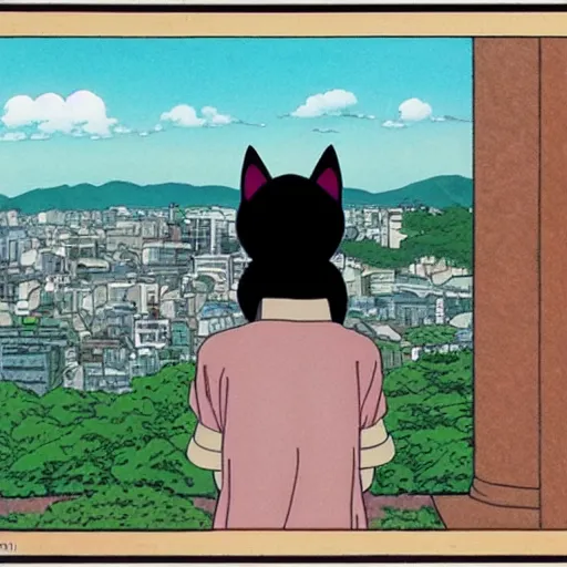 Prompt: a black cat girl looking out over a city, Miyazaki, studio ghibli