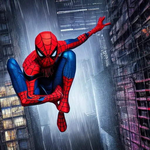 Image similar to Spider-Man web-swinging through a cyberpunk city in the rain, hyperrealistic oil painting, 4k, studio lighting