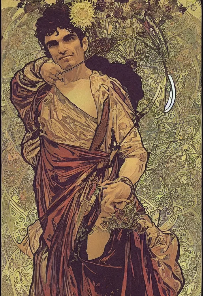 Prompt: Yoshua Bengio as the emperor on a tarot card, tarot in art style by Alphonse Mucha