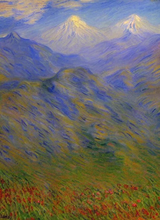 Prompt: a landscape of the andes mountain range of santiago de chile impressionist painting by monet