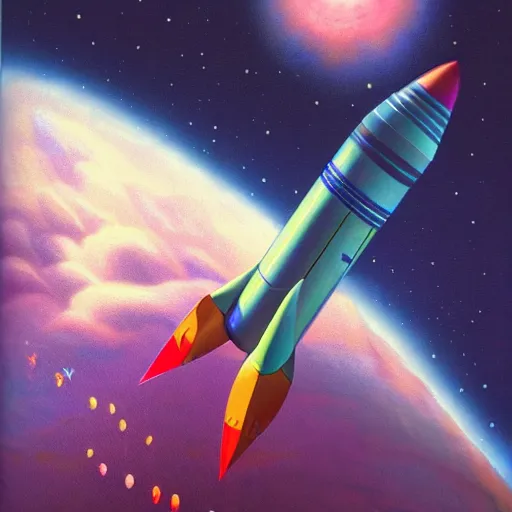 Prompt: A rocketship about to land on an unfamiliar planet, super cool rocket, Acrylic Paint, Concept Art, Digital Art, 16-bit RGB, Global Illumination, by Bob Byerley, by Yoshitaka Amano