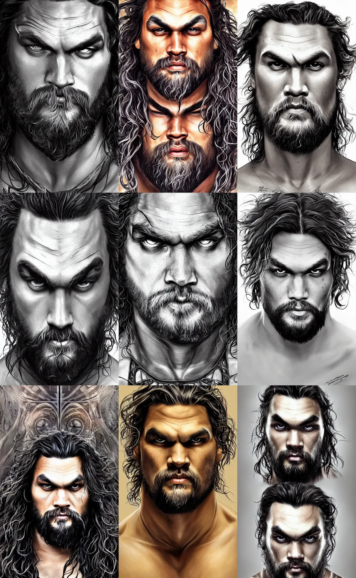 Prompt: jason momoa young symmetrical face portrait, close - up, front view, hairless, glabrous, digital painting, intricate, sharp focus, illustration, artgerm, aleksi briclot, mucha