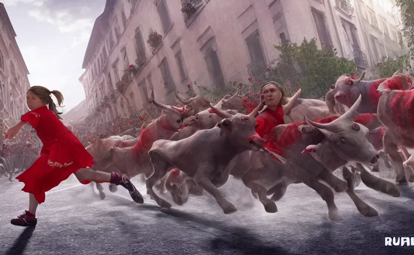 Prompt: greta thunberg running in san fermines chased by bulls, highly detailed, cinematic, 8 k resolution, beautiful detailed, octane render, unreal engine