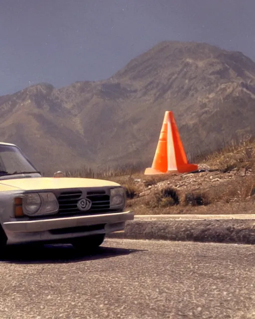 Image similar to film still of a toyota levin, mountain backround with a traffic cone nearby.