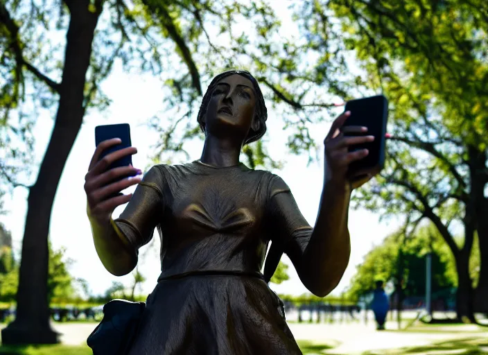 Image similar to photo still of a bronze statue of a woman using an iphone to take a selfie in a park on a bright sunny day, 8 k 8 5 mm f 1 6