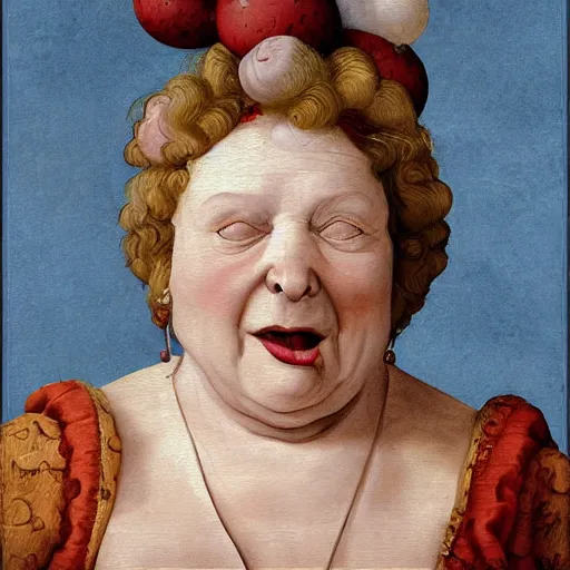 Prompt: of a very funny renaissance style oil painting of a sweet fat old woman kissing herself. symmetrical face, red mouth, blue eyes. a flowered dress. a hyper - realistic scene. 3 d, octane processing, deep focus, white scene. a very funny and sweet picture. unreal engine. watercolor. fellini style. poster quality. da vinci painting style.
