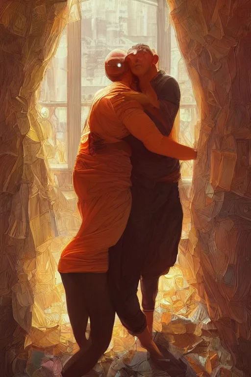 Image similar to portrait of tinfoil hat man in orange t - shirt hugging from behind his wife in a bed, feelings, romantic, fantasy, intricate, elegant, highly detailed, digital painting, artstation, concept art, smooth, sharp focus, illustration, art by artgerm and greg rutkowski and alphonse mucha