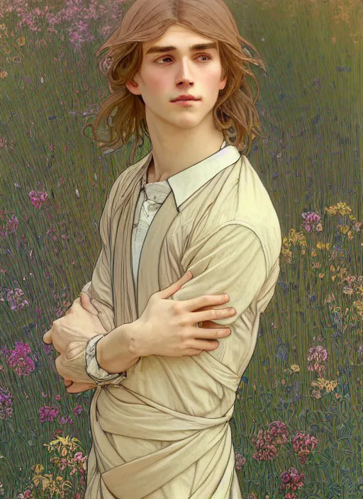 Prompt: pretty young man with shoulder length shiny shimmering golden blond hair, half body shot, emotional, decorative flower patterned background, path traced, highly detailed, high quality, digital painting, by studio ghibli and alphonse mucha, leesha hannigan, hidari, disney, jules bastien - lepage