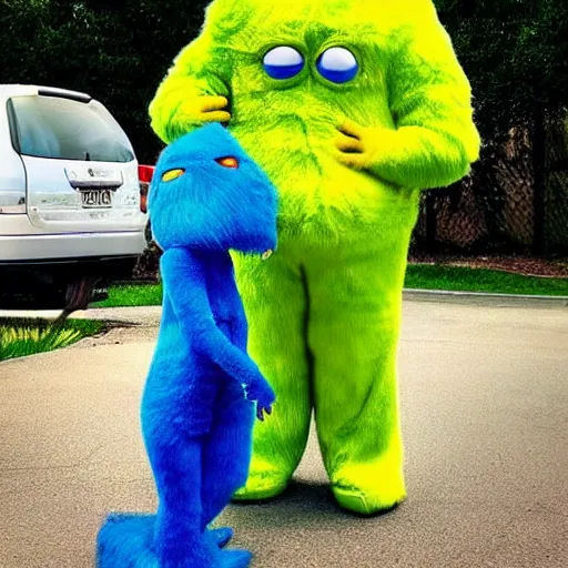 Prompt: “ green alien with yellow shirt and blue pants standing next to a blue furry monster and making silly faces ”