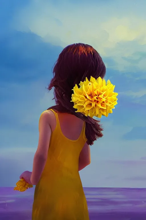 Image similar to closeup girl with huge yellow dahlia flower head, on beach, surreal photography, blue sky, sunrise, dramatic light, impressionist painting, digital painting, artstation, simon stalenhag