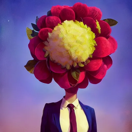 Image similar to portrait, giant rose flower head, girl in a suit, surreal photography, sunrise, blue sky, dramatic light, impressionist painting, digital painting, artstation, simon stalenhag