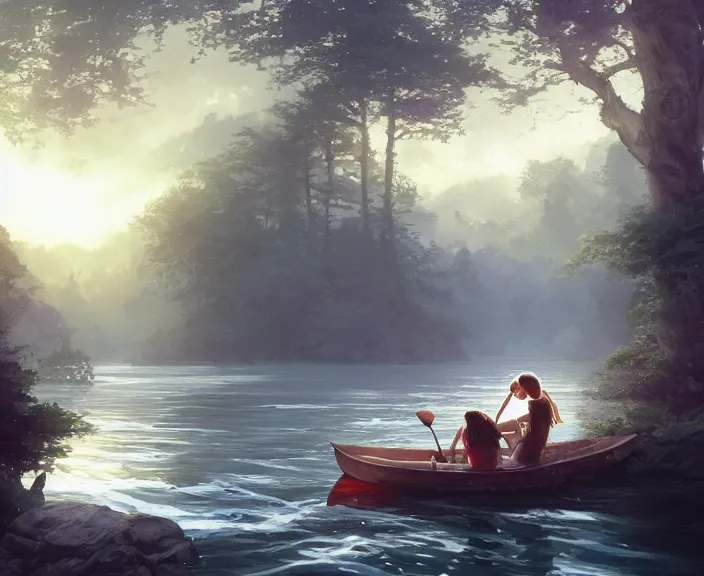 Prompt: a young man and young woman sitting together on one single boat. Romantic. Girl has auburn hair. Boy has short black hair. Narrow river in a forest, rocky shore, trees, shady, blue waters, ripples, waves, reflections, details, sharp focus, illustration, by Jordan Grimmer and greg rutkowski, Trending artstation, pixiv, digital art