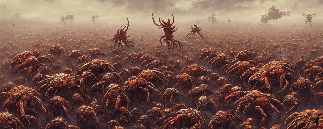 Prompt: a humongous herd of giant monstrous crabs running abound on barren desert exoplanet by James Gurney, Beksinski and Alex Gray, every crab is a menacing sentient chaotic xenos from warhammer 40k hd illustration, diabolic wh40k crab xenos scourge running abound