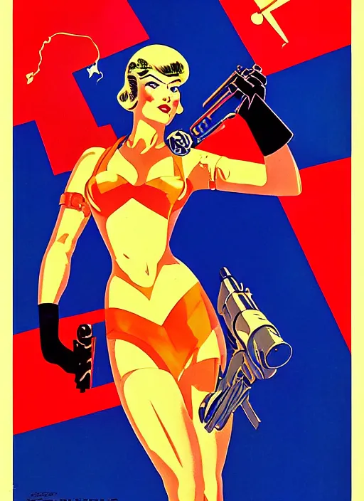 Image similar to soviet propaganda poster. cyberpunk hitwoman. portrait by jean giraud and anton otto fischer and john philip falter and will eisner and gil elvgren