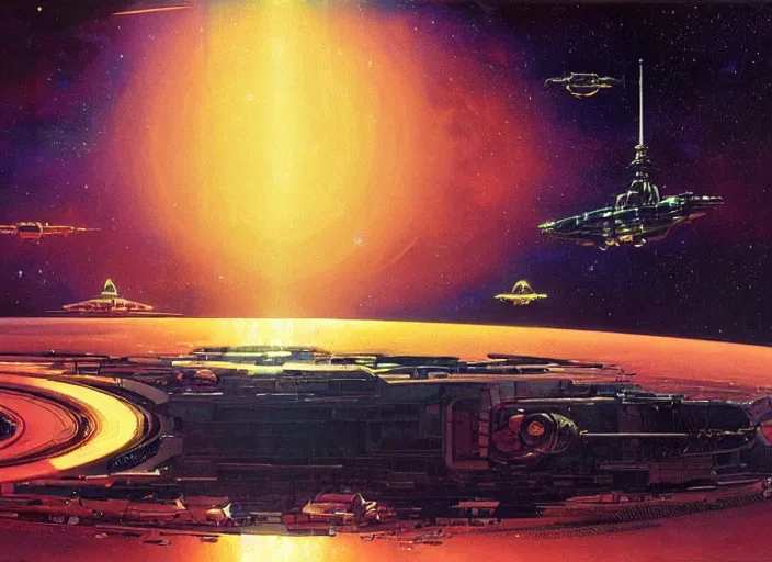 Image similar to a huge vividly - coloured spacecraft in an empty landscape by martin deschambault, dean ellis, peter elson, chris foss, josan gonzalez, david a hardy, john harris, wadim kashin, angus mckie, moebius, bruce pennington, retro 1 9 6 0 s sci - fi art