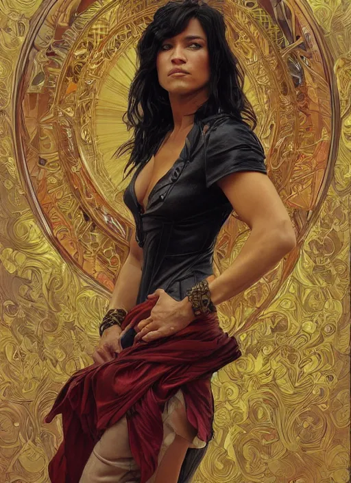 Image similar to Michelle Rodriguez as feisty latino woman wearing coat, portrait, intricate, elegant, highly detailed, centered, digital painting, artstation, concept art, smooth, sharp focus, illustration, art by artgerm and donato giancola and alphonse mucha