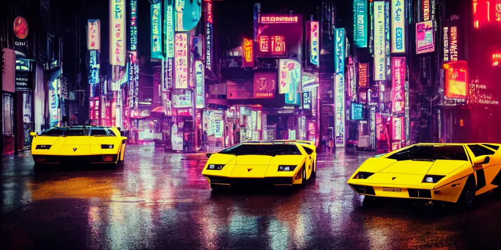 Image similar to photograph of two different coloured lamborghini countach parked in a rainy neo tokyo street at night with neon light signs illuminating the scene, sharp focus, highly detailed, ray tracing, cinematic, moody, hdr, 4 k, incredible detail