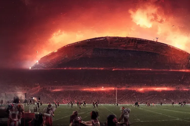 Image similar to meteors fall from the red sky down to a crumbling football stadium, crowds panic, cinematic lighting by jessica rossier, realistic, highly - detailed, 8 k, photorealistic, hyper detailed, unreal engine 5, imax quality, cinematic, epic lighting, football live, live sports