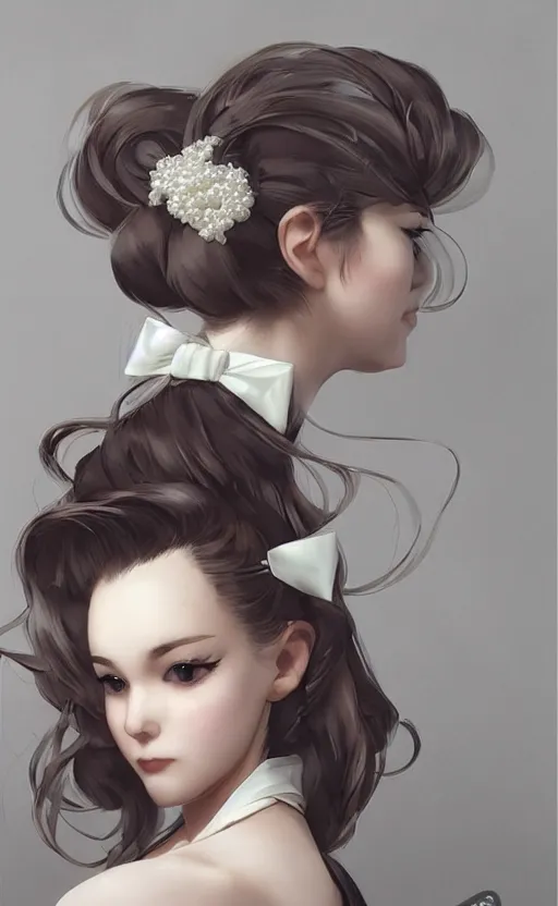 Image similar to beautiful picture of just a hairstyle with a few pearls, tied with a white bow, pinterest hair picture, back of the hair, hair is the focus, In style of Yoji Shinkawa, krenz cushart, Greg Rutkowski, highly detailed