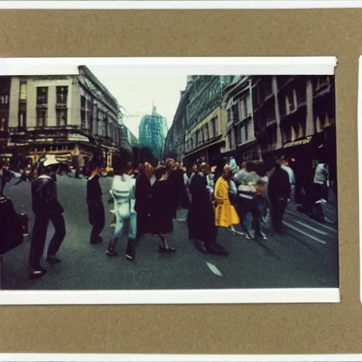 Prompt: wide - shot very low - angle, ant's eye view, messy photo of walking people in the busy street, crossing road, polaroid photo, by andy warhol