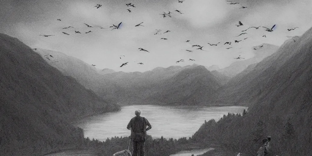 Image similar to A majestic landscape featuring a river, mountains and a forest. A group of birds is flying in the sky. There is an old man with a dog standing next to him. The man is wearing a backpack. They are both staring at the sunset. Cinematic, very beautiful, pencil drawing