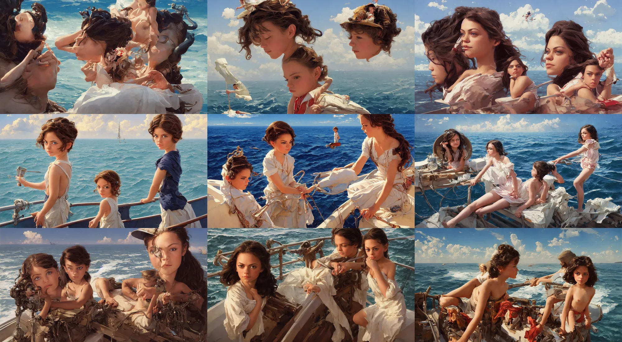 Prompt: sargent and leyendecker and greg hildebrandt, head and shoulders portrait of a tiny mila kunis girl on a boat out at sea, stephen bliss, intricate fantasy, greg rutkowski, loish, rhads, ferdinand knab, makoto shinkai, ilya kuvshinov, rossdraws, sun - rays, 2 0 0 mm focal length