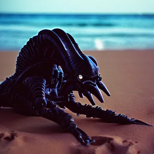 Prompt: a xenomorph on vacation lounging on the beach, 35mm film