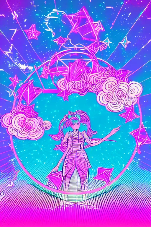 Image similar to retro vaporwave pastelpunk celestialcore gradient synth wave cloud ripple wireframe visualizer, sailormoon vibes manga illustration