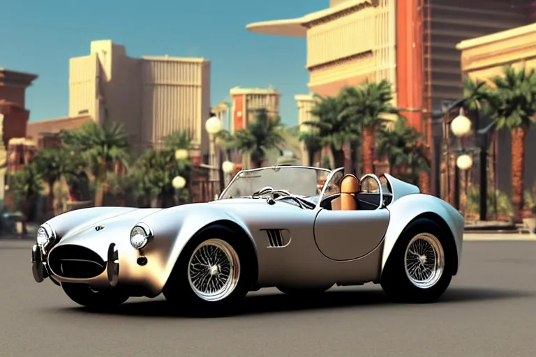Prompt: a wholesome animation key shot of!! one!! focused!! ac cobra!! in shiny reflective stainless steel, in a las vegas street, medium shot, studio ghibli, ( pixar ) and disney animation, sharp, very detailed, high resolution, rendered in unreal engine 5, anime key art by greg rutkowski, bloom, dramatic lighting