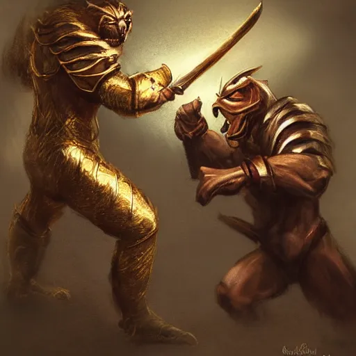 Prompt: gold knight fighting cougar, concept art, honorable, cinematic