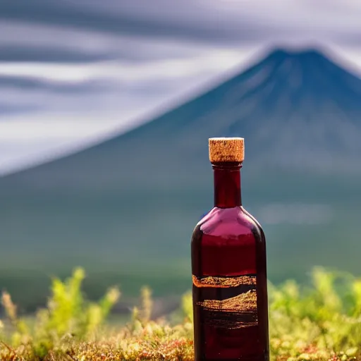 Image similar to symmetrical photo of small bottle standing, volcano background