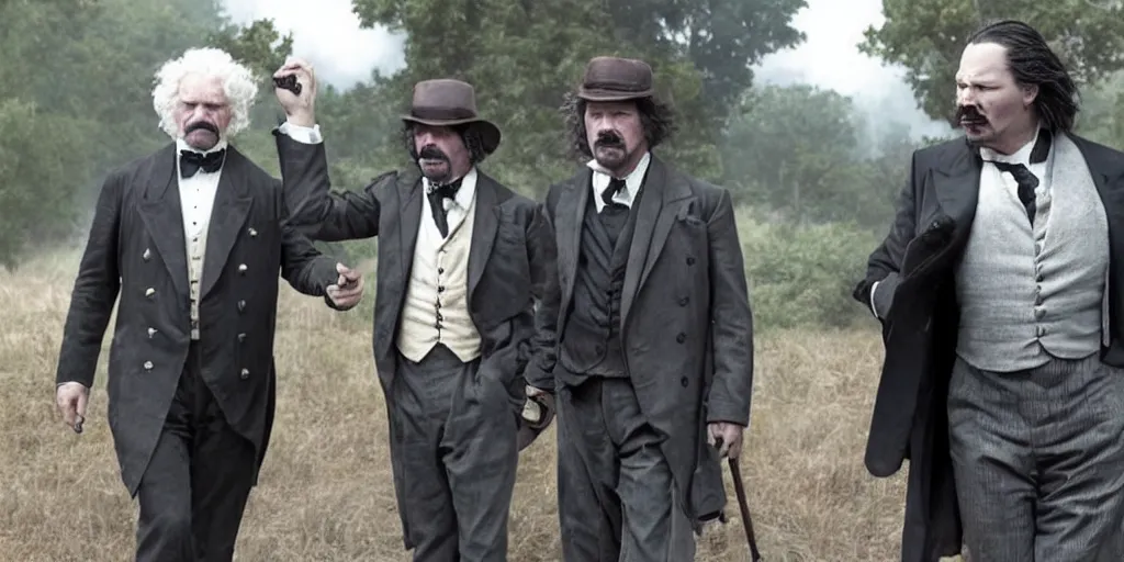 Prompt: Keanu Reeves and Tom Hardy as Mark Twain and Winston Churchill in 'T-Waain vs. C-hill: The Rap Battle of the century' (2017), movie still frame