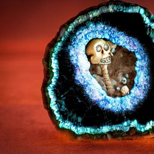 Image similar to photography of a geode with a a small body of an alien skellet inside it