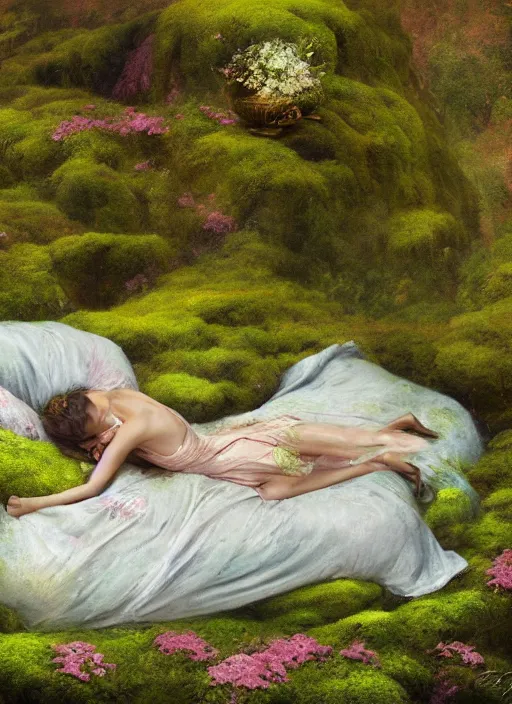 Image similar to digital _ painting _ of _ a woman on a bed of moss and flowers _ by _ filipe _ pagliuso _ and _ justin _ gerard _ symmetric _ fantasy _ highly _ detailed _ realistic _ intricate _ port