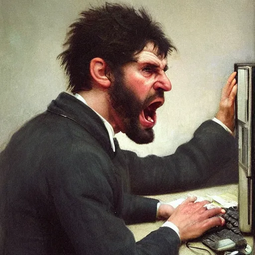 Image similar to an angry man yells at his computer monitor, oil on canvas, 1 8 8 3, highly detailed