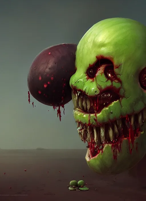 Prompt: hyper realistic photography portrait of smiling zombie with a watermelon helmet cinematic, greg rutkowski, brom, james gurney, mignola, craig mullins, artstation, cgsociety