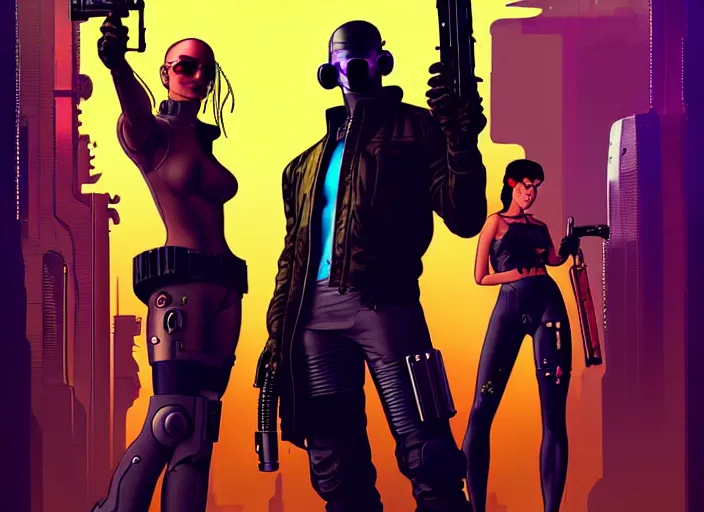 Prompt: cyberpunk gun slingers. portrait by stonehouse and mœbius and will eisner and gil elvgren and pixar. character design. realistic proportions. cyberpunk 2 0 7 7 character art, blade runner 2 0 4 9 concept art. cel shading. attractive face. thick lines. the team. diverse characters. artstationhq.