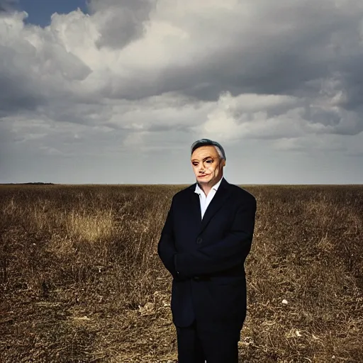 Prompt: a portrait of viktor orban with background scenery by juergen teller, iris van herpen