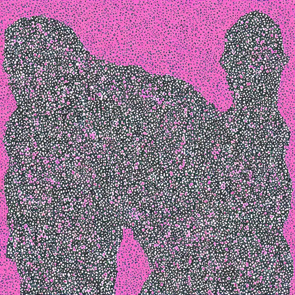 Image similar to camo made of out teeth, smiling, abstract, maya bloch artwork, pink convertible, do hoang tuong artwork, cryptic, dots, stipple, lines, splotch, color tearing, pitch bending, faceless people, dark, ominous, eerie, minimal, points, technical, old painting