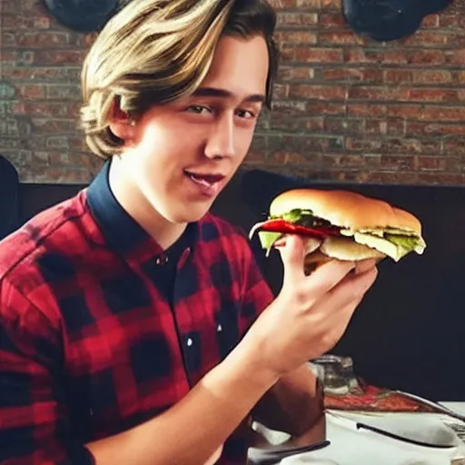 Prompt: a realistic photo of Cole Sprouse eating a hamburger while dressed as Jughead Jones